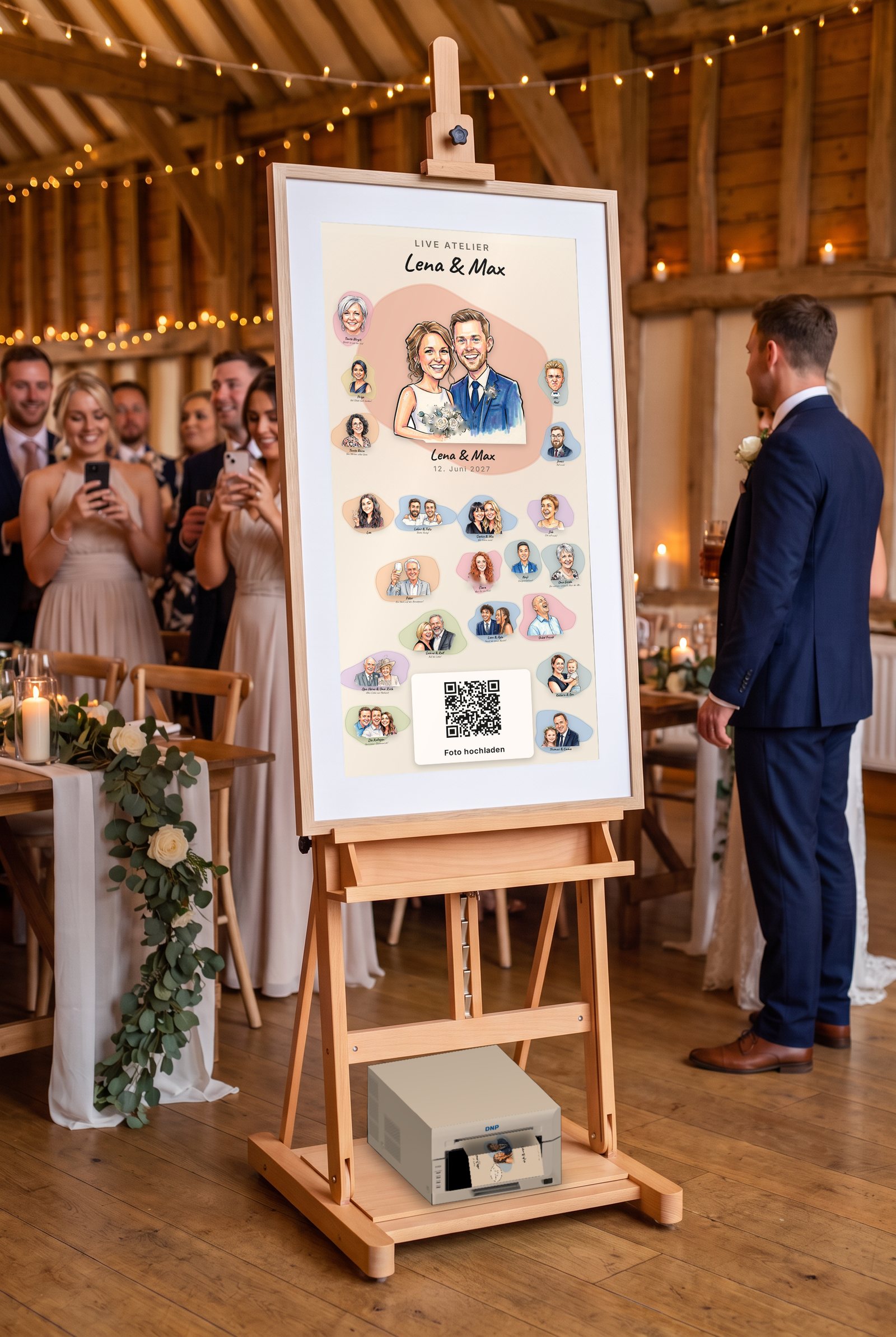 Live ATELIER auf einer Hochzeit: 55-Zoll-Bildschirm auf Holzstaffelei zeigt das gezeichnete Gästebuch, darunter ein Fotodrucker mit Sofortdruck
